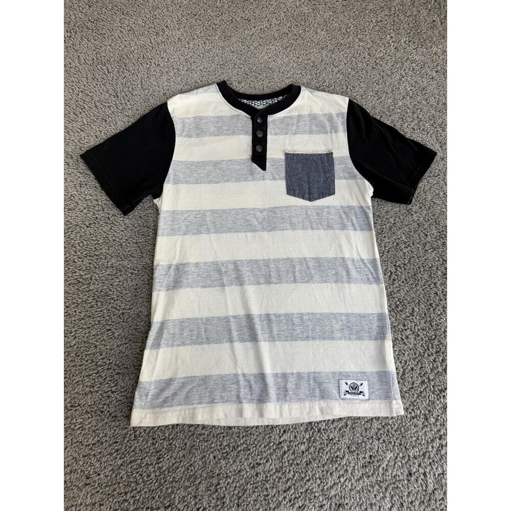 Shaun White Shirt Boys 8-10 White Striped Henley Pocket Button Tagless Top